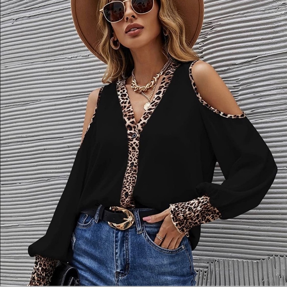 Leopard V Neck Cold Shoulder blouse
